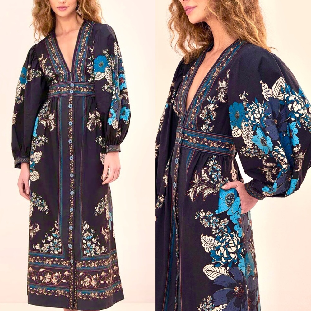 Farm Rio NEW Blossom Tapestry Black Midi Dress